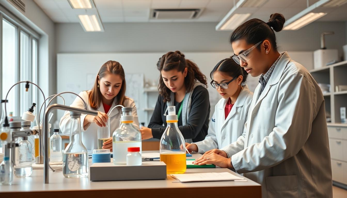 Students studying together in modern classroom